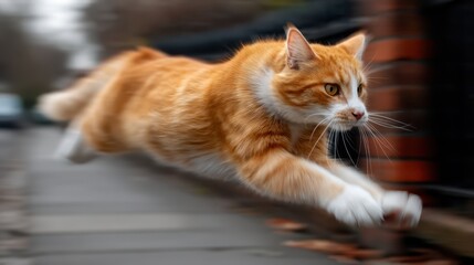 Fototapeta premium A vibrant orange cat captured in mid-air as it jumps off the pavement, showcasing agility and speed. The background is blurred, emphasizing the cat's dynamic leap
