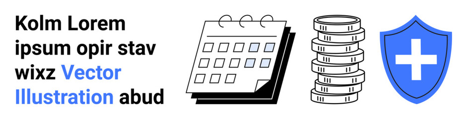 Calendar for scheduling, coins symbolizing wealth, shield with cross for security and protection. Ideal for time management, healthcare, finance, insurance, productivity tools, safety plans simple