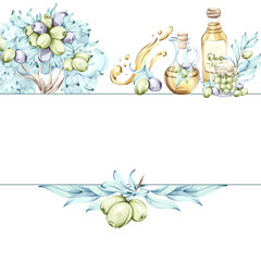 Olives and olive oil illustrated in watercolor showcasing Italian cuisine and natures beauty frame, border, arrangement