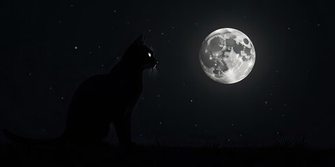 A Silhouetted Black Feline Gazing at a Bright, Full Moon in the Night Sky, Illuminated by Celestial Light, Under a Starry Expanse