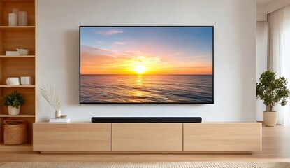 Fototapeta premium A modern living room with a large flat-screen TV displaying a sunset over the ocean, minimalist decor, and indoor plants.
