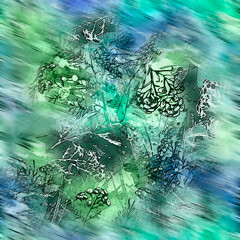 Creative seamless watercolor pattern of plants, Herbs, flowers, poppy, lily, tulip. Immortelle plant, tansy, wild herbs, stylish pattern. Abstract paint splash. Watercolor background. Abstract splash 