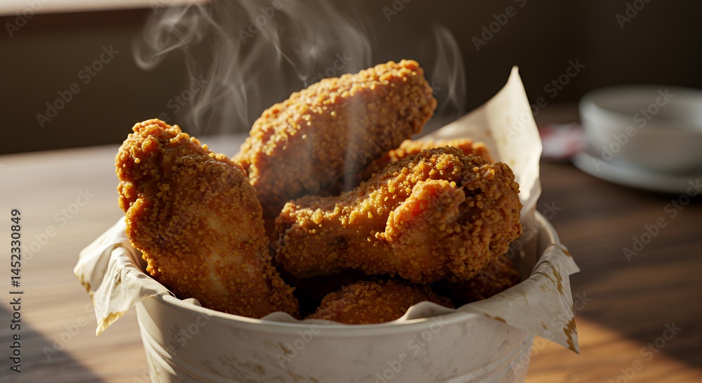 Poster crispy golden fried chicken displayed in bucket on rustic wooden table with rising steam and soft bl