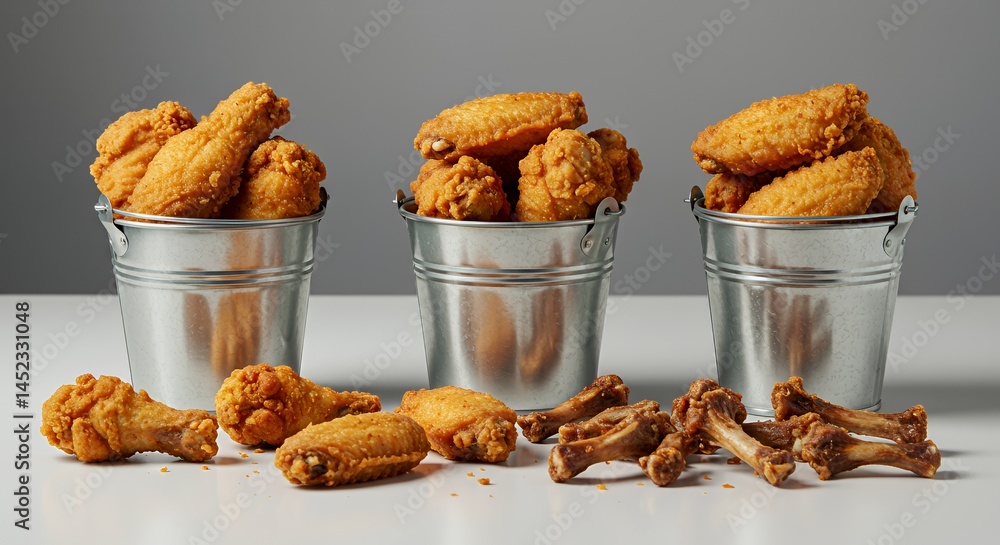 Poster crispy golden fried chicken wings in galvanized buckets on gray surface displaying crunchy texture a