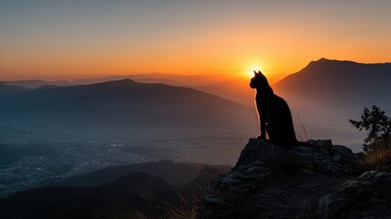 A black cat sits proudly on a rock, silhouetted by a vibrant sunset over the mountains. The sun casts a warm glow, creating a serene atmosphere in the fading light