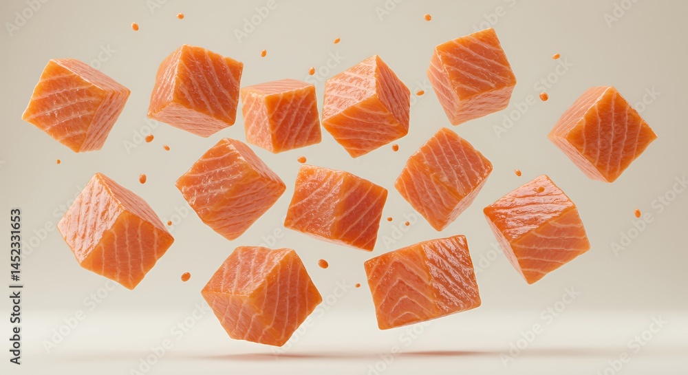 Poster dynamic airborne diced raw salmon cubes with varied textures in gentle rotation on clean neutral bac