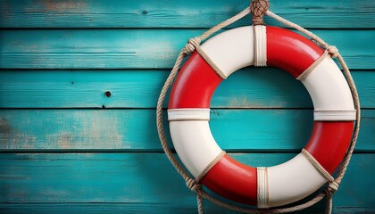a weathered red and white life ring hangs on a teal blue wooden wall showing texture and age perfect for nautical coastal or safety themes