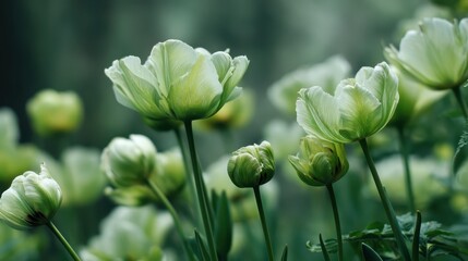 Obraz premium Delicate green tulips gently sway in a peaceful clearing, illuminated by soft natural light on a serene spring day. The vibrant foliage adds to the tranquility of the scene