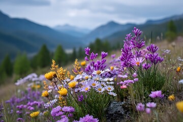 Obraz premium Vibrant wildflowers blooming along a quiet meadow, with soft morning light highlighting the richness of nature and its ecosystems.