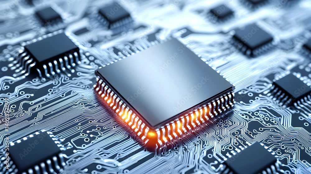 Poster close-up of a central processing unit (cpu) on a complex circuit board. high-tech, intricate network