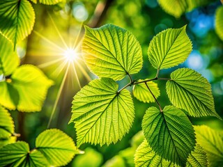 Fototapeta na wymiar Lush Green Leaves in Natural Sunlight: Vibrant Spring Nature Stock Photo