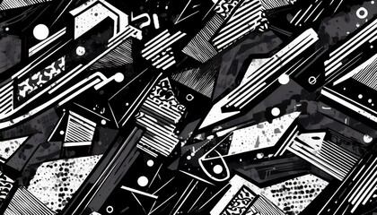 abstract black and white seamless pattern urban art texture with chaotic shapes lines patches sport graffiti background repeat funky sporty geo design all over pattern for print fabric