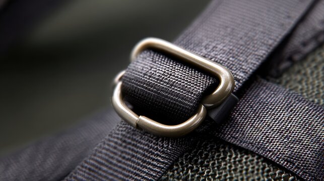 Close-up of a metallic buckle on a textured strap, showcasing intricate details and craftsmanship