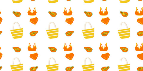 Summer pattern featuring swimwear and tropical fruit designs in bright colors