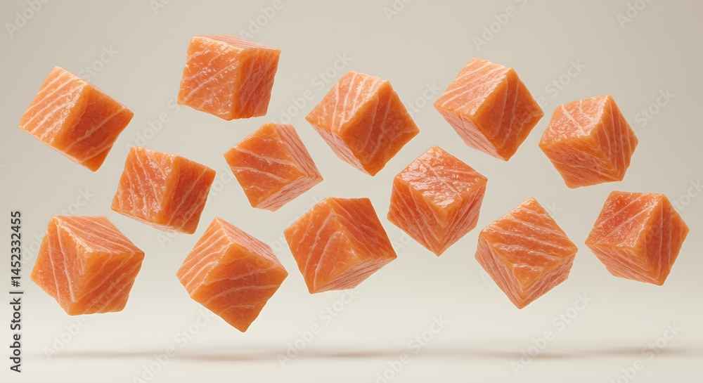 Poster floating salmon cubes on beige background with uniform lighting style showing fresh texture and vibr
