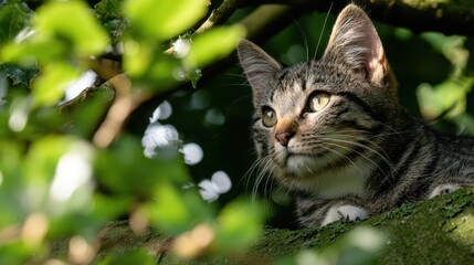 A tabby cat lounges on a sturdy tree branch, basking in dappled sunlight. Surrounded by green foliage, it observes its surroundings, alert and peaceful