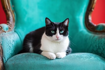 Black and white cat sitting on vintage turquoise armchair