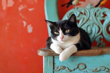 Black and white cat sitting on vintage turquoise chair