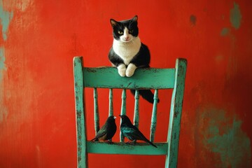 Cat on turquoise chair with birds on red background.