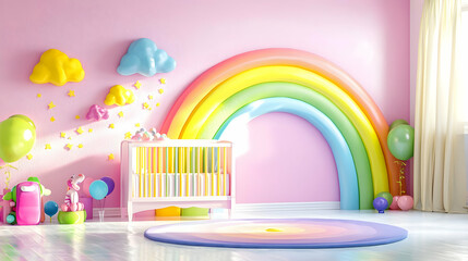 Fototapeta premium Playful, pastel-toned nursery with a rainbow accent wall, featuring a crib and whimsical decor. Soft, dreamy color scheme