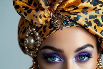 Close-up of ornate headdress with pearls, and blue eyes