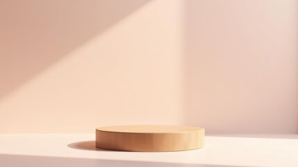 A simple, minimalist wooden platform in soft, natural light against a pale backdrop