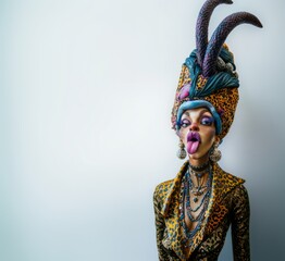 Surreal glam sculpture with leopard outfit and exaggerated features.