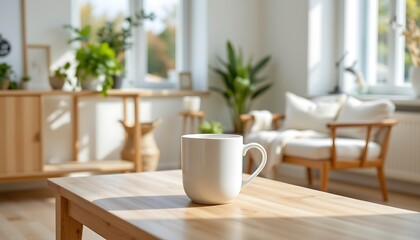 a clean, modern composition featuring a white ceramic mug placed on a minimalist wooden table