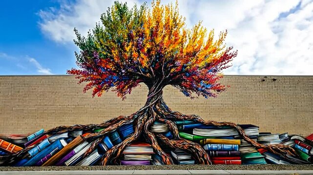 Colorful mural of a tree of knowledge on a brick wall