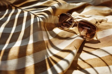Fototapeta premium Golden Sunglasses Resting on Striped Beach Fabric Under Soft Palm Shadows