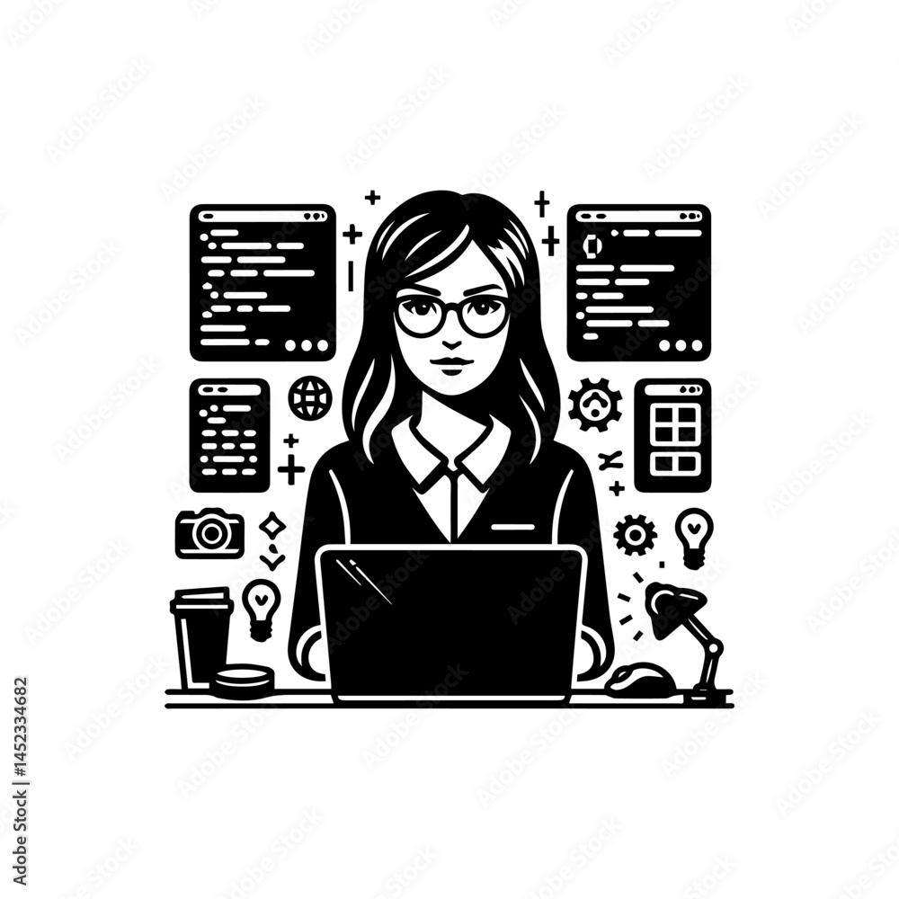 Fototapete silhouette of a focused woman typing on a computer keyboard with an abstract female user profile dis