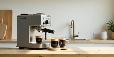 Modern Espresso Machine Brewing Aromatic Coffee in a Bright Kitchen