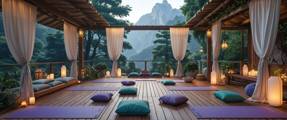 Serene yoga studio in the mountains ready for a relaxing meditation and wellness session
