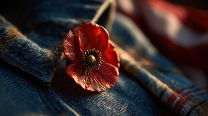 A red poppy on denim honors Memorial Day, with a flag softly behind, bathed in golden light. Remembrance and patriotism in a simple symbol.