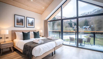 Mountain view bedroom with luxury lodge.