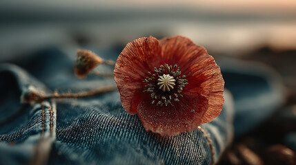 A red poppy on denim honors Memorial Day, with a flag softly behind, bathed in golden light. Remembrance and patriotism in a simple symbol.
