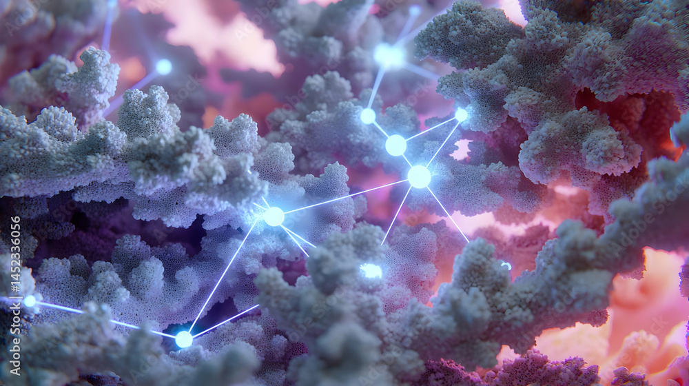 Poster abstract coral structure with glowing connections. intricate network of light blue lines connecting 