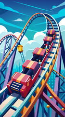 A colorful roller coaster with people riding it. The roller coaster is going down a track and has a lot of twists and turns
