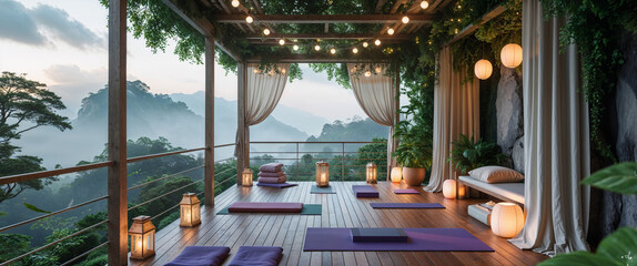 Serene yoga studio overlooking mountain vista emphasizing calmness and tranquility for wellness