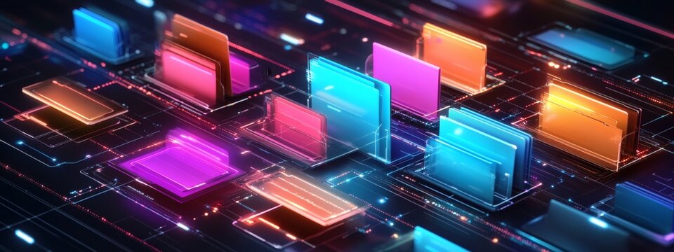 Futuristic digital document management interface with abstract network grid and organized file system
