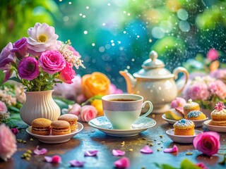 Fototapeta premium Macro Garden Tea Party: Delicate Floral Details & Sweet Treats