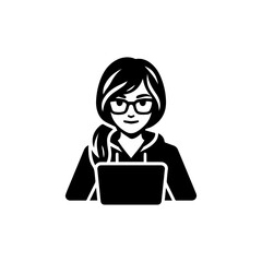 Smiling woman wearing glasses interacts with a tablet displaying a clear abstract user profile icon on its bright screen. Digital interaction concept