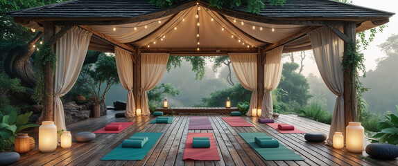 Serene yoga studio setup in a lush garden with cozy lighting and peaceful atmosphere