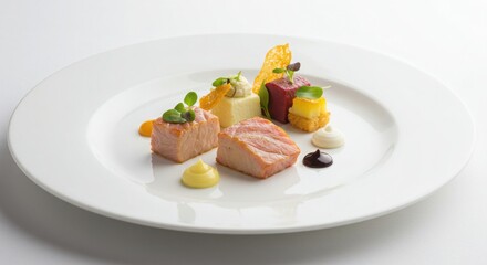 Elegant food plating design for premium product ads isolated on white background no trademarks or text