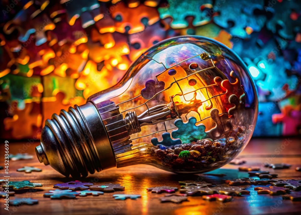 Poster macro photography: illuminated puzzle pieces – problem solving and innovation