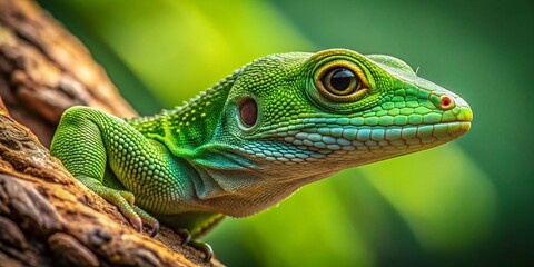 Fototapeta premium Macro Photography: Emerald Green Lizard on Tree Bark, Vivid Detail, Nature Close-Up