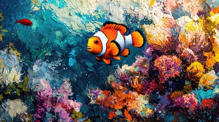 Vibrant coral reef scene with colorful fish.