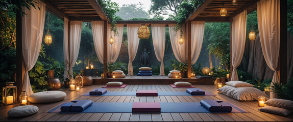Serene yoga studio with candles and curtains in a lush green garden setting