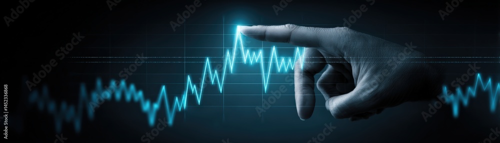 Poster a hand interacts with a glowing digital graph, symbolizing technology and data analysis.