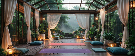 Serene yoga studio with cushions yoga mats curtains and lush greenery peaceful atmosphere